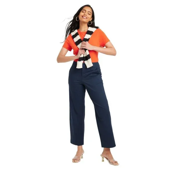 NWT A New Day Women Navy High-Rise Fly Button Zipper Straight Ankle Chino Pants - Picture 2 of 12